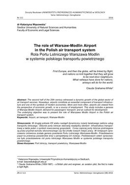 The Role of Warsaw-Modlin Airport in the Polish Air Transport System Rola Portu Lotniczego Warszawa Modlin W Systemie Polskiego Transportu Powietrznego