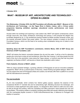 Maat - Museum of Art, Architecture and Technology - Opens in Lisbon