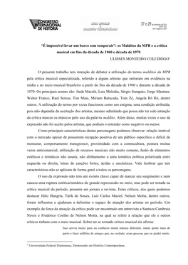 Os Malditos Da MPB E a Crítica Musical Em Fins Da Década De 1960 E Década De 1970 ULISSES MONTEIRO COLI DIOGO