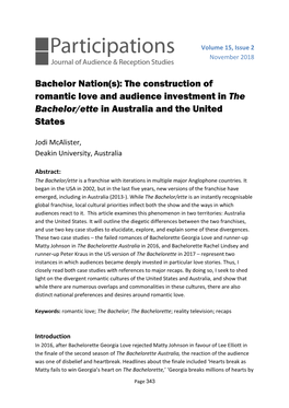 Bachelor Nation(S): the Construction of Romantic Love and Audience Investment in the Bachelor/Ette in Australia and the United States
