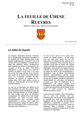 LA FEUILLE DE CHENE RUEYRES Bulletin D’Information Édité Par La Municipalité