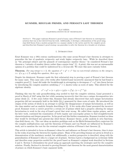 Kummer, Regular Primes, and Fermat's Last Theorem 1