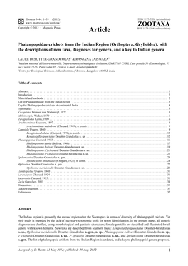 Phalangopsidae Crickets from the Indian Region (Orthoptera, Grylloidea), with the Descriptions of New Taxa, Diagnoses for Genera, and a Key to Indian Genera