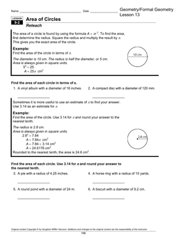 Area of Circles 9-2 Reteach