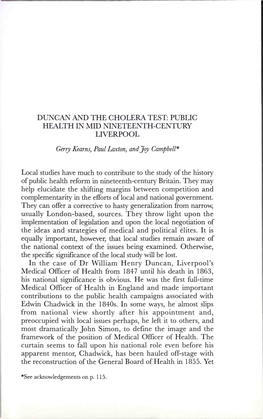 Duncan and the Cholera Test: Public Health in Mid Nineteenth Century