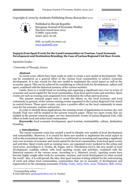 Impacts from Sport Events for the Local Communities on Tourism, Local Economic Development and Destination Branding: the Case of Larissa Regional Unit Race Events