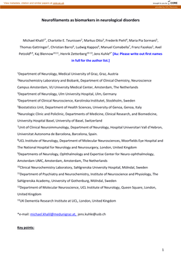 Neurofilaments As Biomarkers in Neurological Disorders