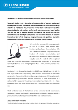 Sennheiser D 10 Wireless Headset Receives Prestigious Red Dot Design Award