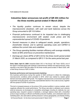 Industries Qatar Announces Net Profit of QR 204 Million for the Three Months Period Ended 31 March 2020