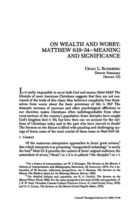 On Wealth and Worry: Matthew 6:19-34-Meaning and Significance