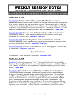 Weekly Session Notes Senate Republican Policy Committee – David G