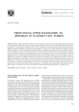 From Initial Upper Paleolithic to Ahmarian at Üçağizli Cave, Turkey