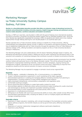 Marketing Manager La Trobe University Sydney Campus Sydney, Full Time