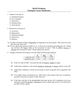 Bio102 Problems Transport Across Membranes