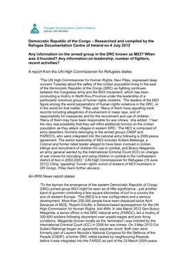 Democratic Republic of the Congo – Researched and Compiled by the Refugee Documentation Centre of Ireland on 4 July 2012 Any I