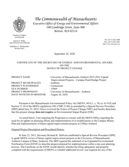 The Commonwealth of Massachusetts Executive Office of Energy and Environmental Affairs 100 Cambridge Street, Suite 900 Boston, MA 02114 Charles D