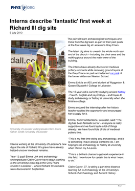 Interns Describe 'Fantastic' First Week at Richard III Dig Site 9 July 2013