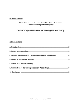 "Debtor-In-Possession Proceedings in Germany"