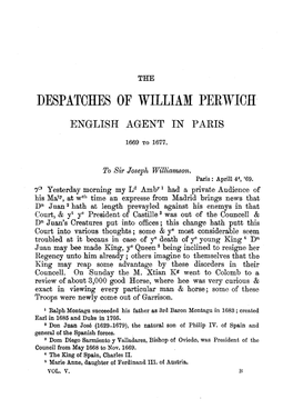 The Despatches of William Perwich, English Agent in Paris 1669 To