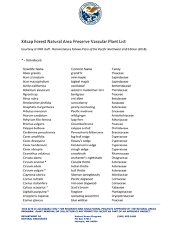 Kitsap Forest Natural Area Preserve Vascular Plant List