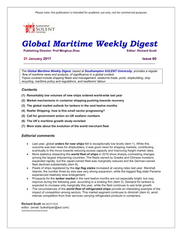 Global Maritime Weekly Digest Publishing Director: Prof Minghua Zhao Editor: Richard Scott