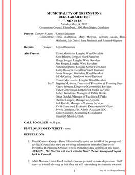 MUNICIPALITY of GREENSTONE REGULAR MEETING MINUTES Monday May 14, 2012 Greenstone Council Chambers, 1800 Main Street, Geraldton