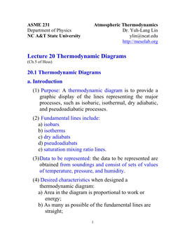 Lecture 20 Thermodynamic Diagrams (Ch.5 of Hess)