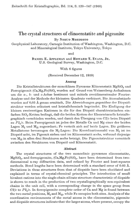 The Crystal Structures of Clinoenstatite and Pigeol1ite by N Onuo MORIMOTO Geophysical Laboratory, Carnegie Institution Ofvvashington,Vvashington, D.C