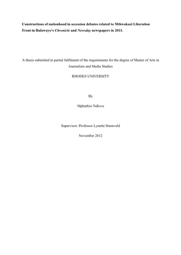 Constructions of Nationhood in Secession Debates Related to Mthwakazi Liberation Front in Bulawayo’S Chronicle and Newsday Newspapers in 2011