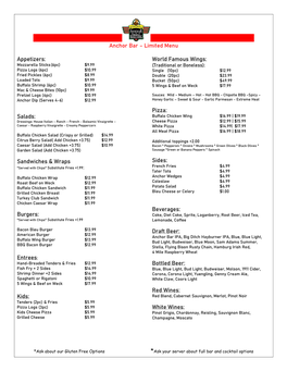 Limited Menu Appetizers: Salads: Sandwiches & Wraps Burgers