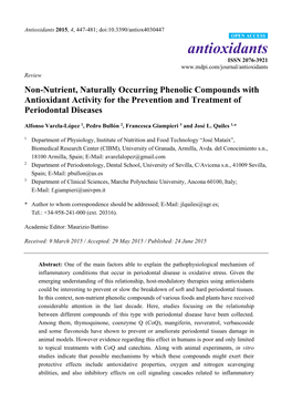 Non-Nutrient, Naturally Occurring Phenolic Compounds with Antioxidant Activity for the Prevention and Treatment of Periodontal Diseases