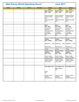 Walt Disney World Operating Hours* June 2017
