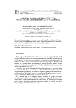 A Numerical Algorithm for Computing the Inverse of a Toeplitz Pentadiagonal Matrix