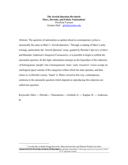 The Jewish Question Revisited: Marx, Derrida and Ethnic Nationalism,” Philosophy and Social Criticism 23 (1997), 47-78