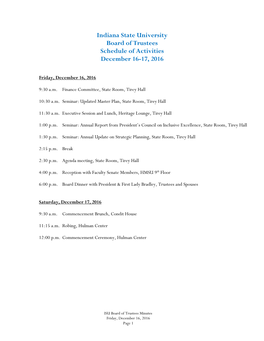 Indiana State University Board of Trustees Schedule of Activities December 16-17, 2016