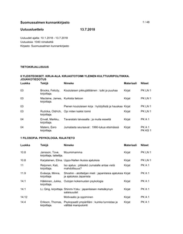 Suomussalmen Kunnankirjasto Uutuusluettelo 13.7.2018