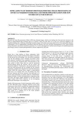 Some Aspects of Modern Photogrammetric Image Processing of Soviet Lunokhod Panoramas and Their Implemenation for New Studies of Lunar Surface