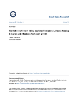 Field Observations of Irbisia Pacifica (Hemiptera: Miridae): Feeding Behavior and Effects on Host Plant Growth