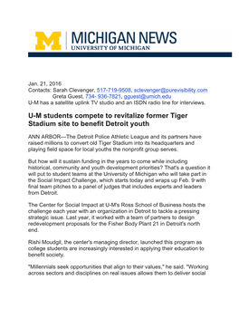 U-M Students Compete to Revitalize Former Tiger Stadium Site to Benefit Detroit Youth