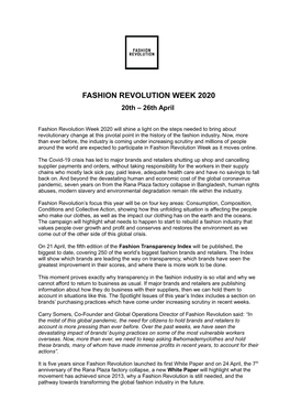 FASHION REVOLUTION WEEK 2020 20Th – 26Th April