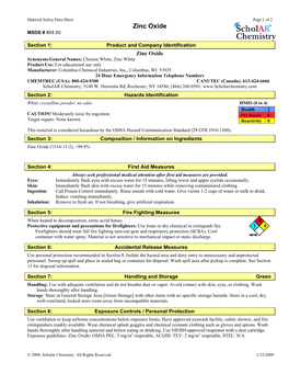 Zinc Oxide MSDS # 804.00