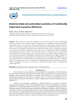 Antimicrobial and Antioxidant Activities of Medicinally Important Lactarius Deliciosus