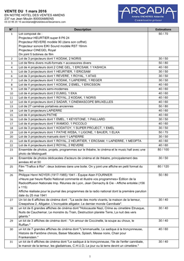 VENTE DU 1 Mars 2016 EN NOTRE HOTEL DES VENTES AMIENS 237 Rue Jean Moulin 80000AMIENS 03 22 95 20 15 Secretariat@Hoteldesventesamiens.Com