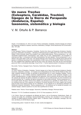 Coleoptera, Carabidae, Trechini) Hipogeo De La Sierra De Parapanda (Andalucía, España): Taxonomía, Sistemática Y Biología