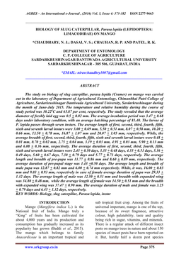 BIOLOGY of SLUG CATERPILLAR, Parasa Lepida (LEPIDOPTERA: LIMACODIDAE) on MANGO