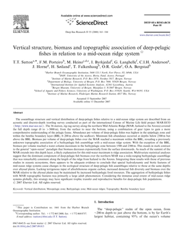 Vertical Structure, Biomass and Topographic Association of Deep-Pelagic ﬁshes in Relation to a Mid-Ocean Ridge System$