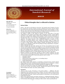 Ethical Thoughts That Is Reflected in Jainism © 2015 IJSR Indrani Sinha Received: 26-05-2015