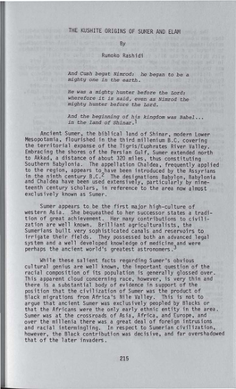 THE KUSHITE ORIGINS of SU~Ier and ELAM by Runoko Rashidi Ancient Sumer, the Biblical Land of Shinar, Modern Lower Mesopotamia, F