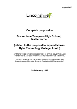 Complete Proposal to Discontinue Tennyson High School, Mablethorpe