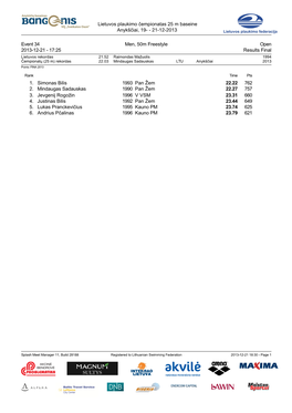 Lietuvos Plaukimo Čempionatas 25 M Baseine Anykščiai, 19- - 21-12-2013